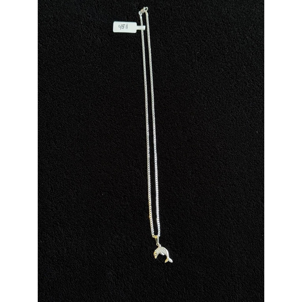925 Sterling Silver Dolphin Pendant Necklace 20 Inch Curb Chain CZ Accents - Picture 3 of 4